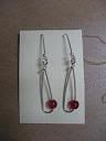 Silver Loop Drop Earrings with Red Bead