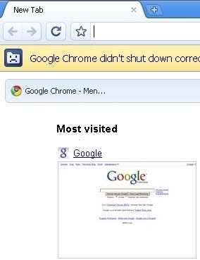 start up (pembuka) Google akan mengingatkan bahwa browser Google Chrome mengalami crash