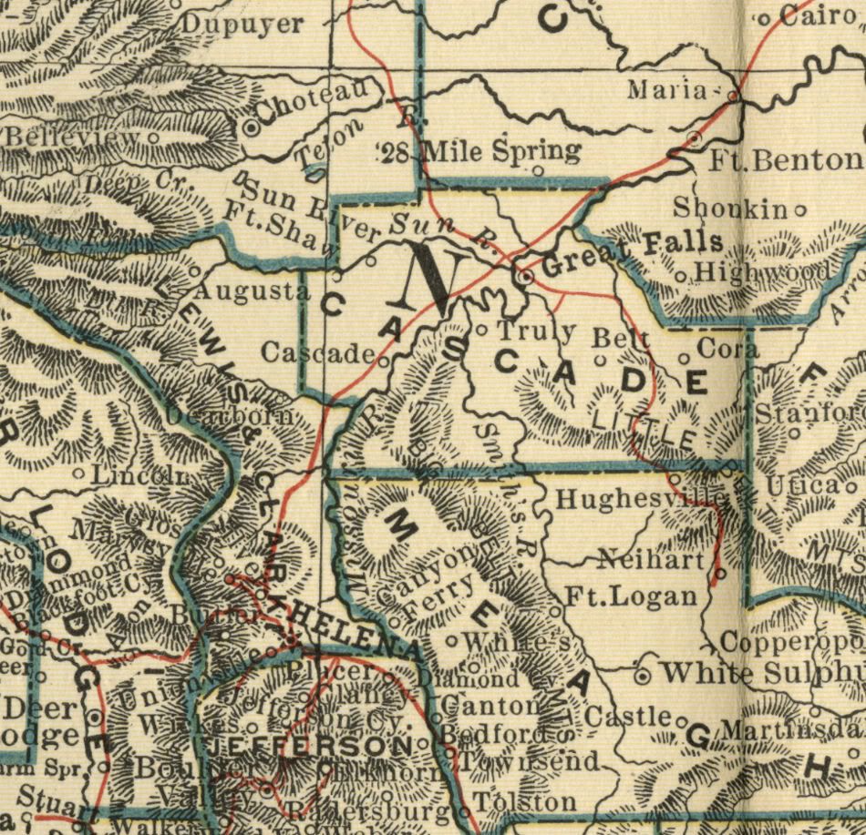 IDAHO, MONTANA & WYOMING Map: Dated 1891;Towns, Counties, RRs & 1890