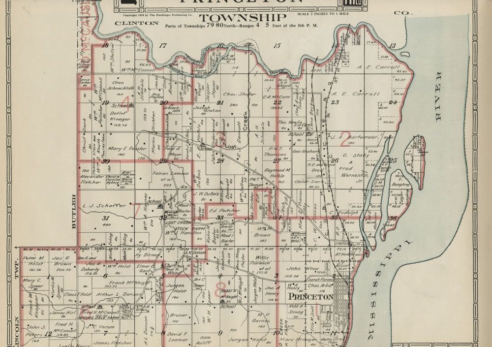 Princeton Township Plat Map, Scott County Iowa; Dated 1919 (Shows Land