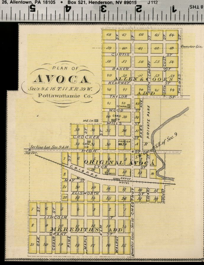 Avoca, Iowa Street Map / Plan (Pottawattamie County); Authentic 1875
