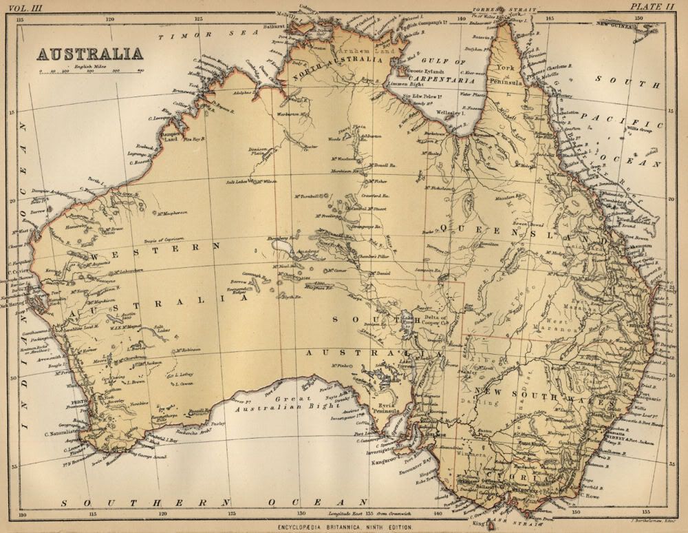 Map Of Australian Rivers. This color map of Australia was included in Encylopaedia (Encyclopedia) Britannica#39;s Ninth Edition as published in 1889 by the New York publisher Charles