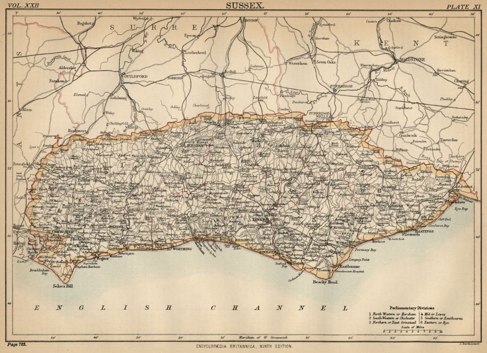 Sussex County England Detailed 1889 Map Showing Towns Cities And Railroads 4397
