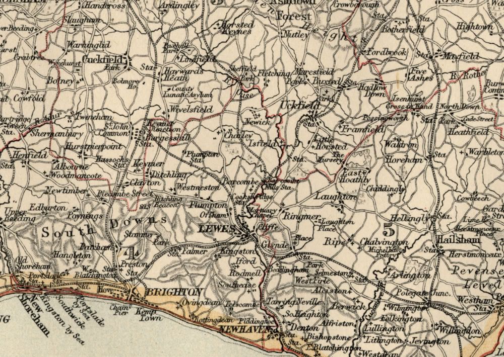 Sussex County England Detailed 1889 Map showing Towns, Cities & Railroads