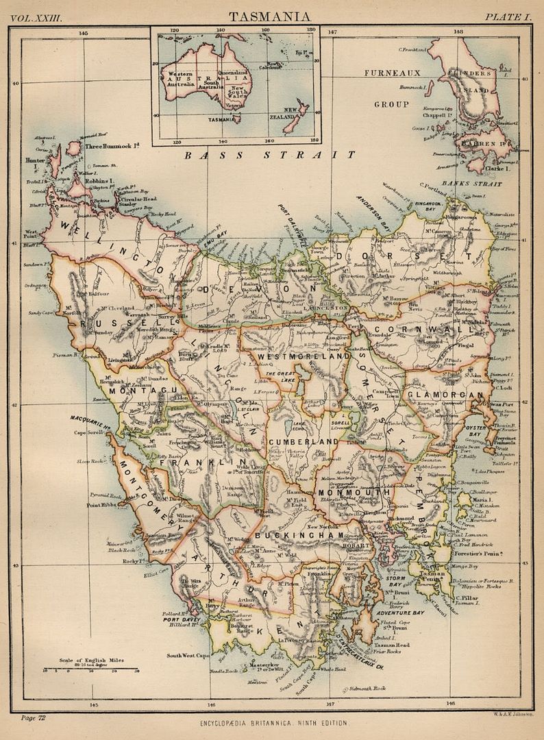 Tasmania Island; Australia: Authentic 1889 Map showing Towns; Rivers