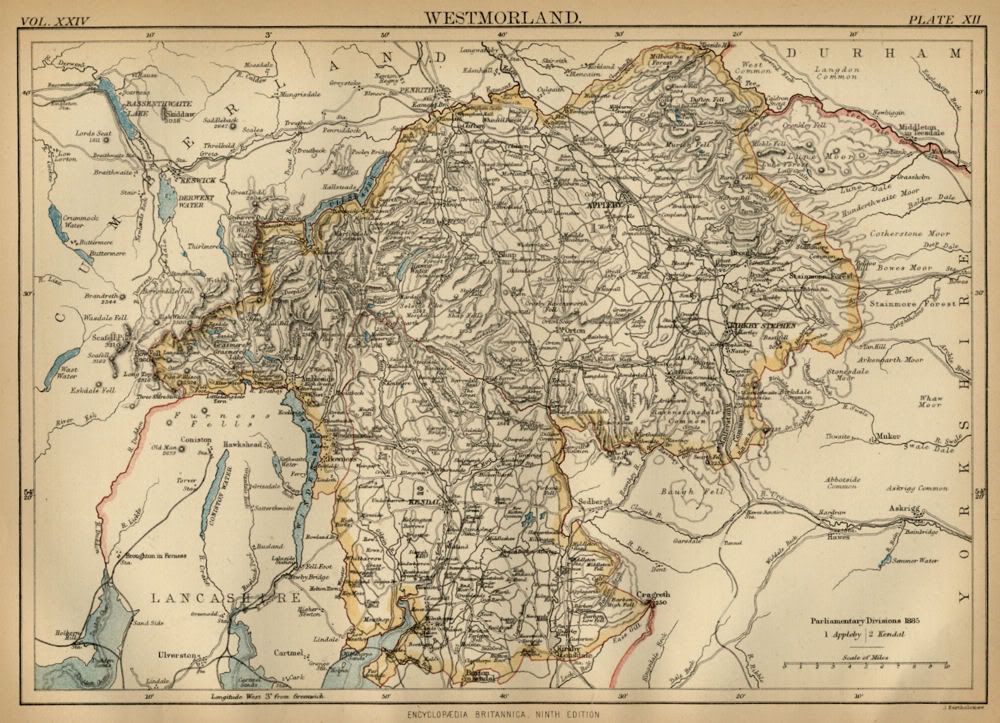 Westmorland County England Detailed 1889 Map showing Towns; Cities