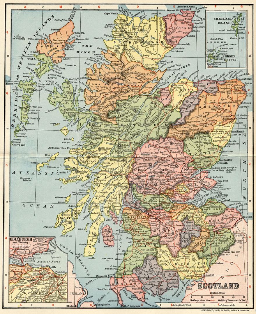 scotland map: authentic 1903 (dated) towns, cities, railroads