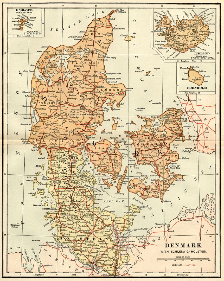 Denmark with Schleswig-Holstein Map: 1891; shows Towns, RRs, Topography