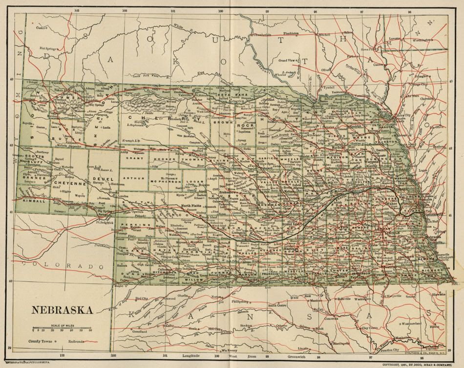 NEBRASKA Map: Dated 1891 showing Towns, Counties, Railroads & 1890 ...