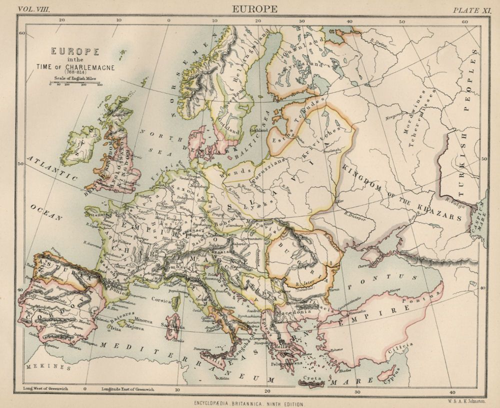   Authentic 1889 Maps showing Current; Roman; Charlemagne; Crusades