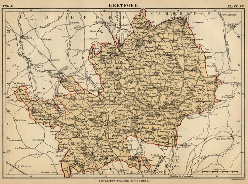 Hertford County England: Detailed 1889 Map showing Towns; Cities ...