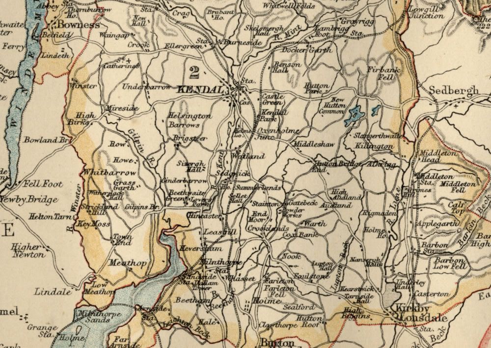 Westmorland County England: Detailed 1889 Map showing Towns; Cities ...