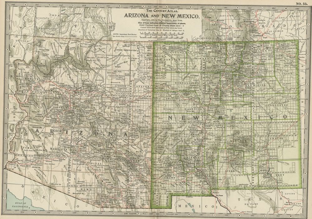 ARIZONA & NEW MEXICO Map Dated 1897 with Towns, Counties, Railroads 