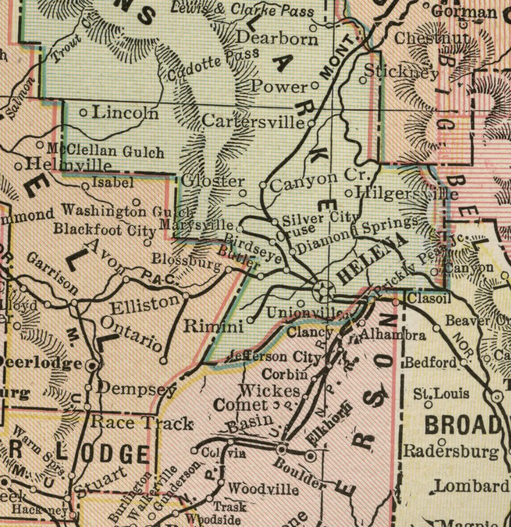 montana map: authentic 1899; counties, cities, towns, railroads