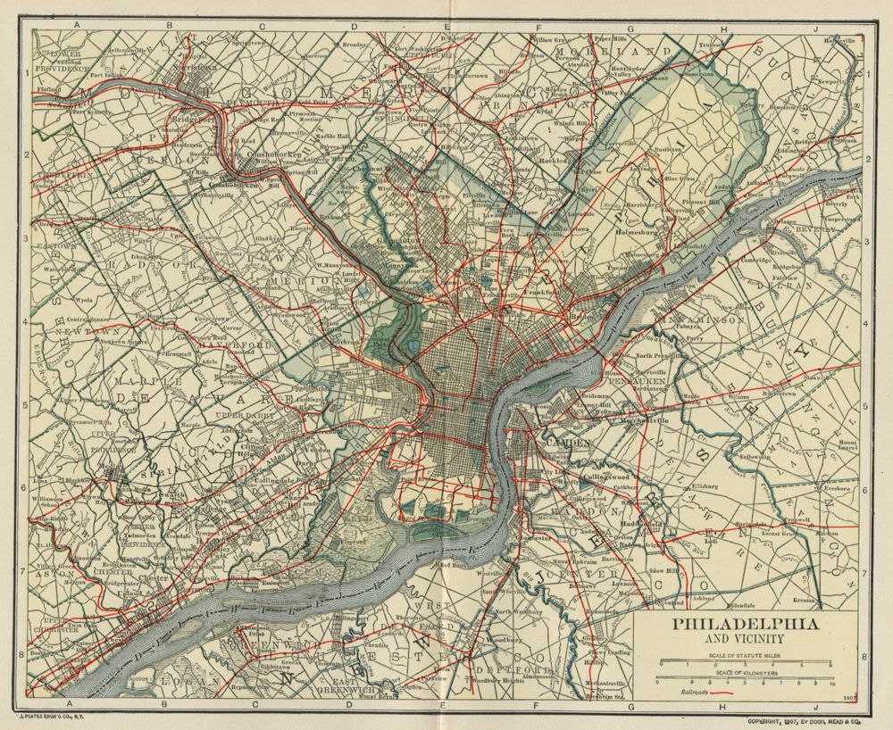 PHILADELPHIA & Suburbs Map: Authentic 1907 (Dated) Landmarks, Stations ...