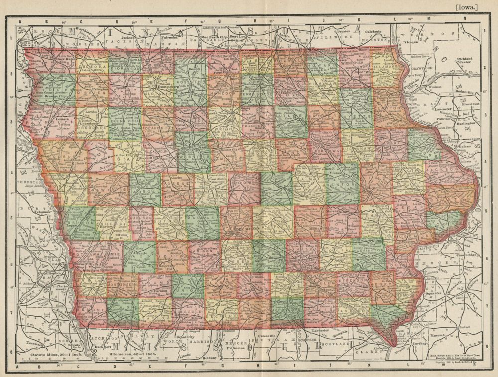 Iowa Map: Authentic 1895; Counties, Cities, Towns, Railroads, Topography